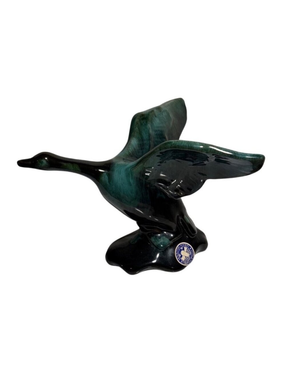 Blue Mountain Pottery Canada Goose Green Drip Glaze Figurine Flying 5.5" Tall